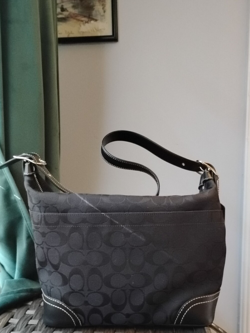 Coach Black Signature-Print Shoulder Bag with White Stitching